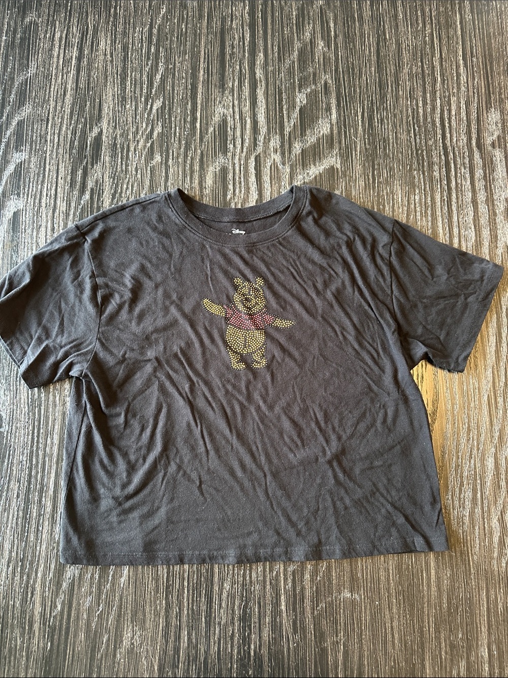Winnie the Pooh Black Boxy Super Soft Cropped Rhinestone Tshirt, L